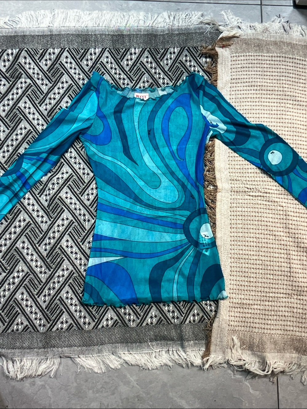 Emilio Pucci Turquoise and Teal Swirl Long Sleeve Top Size S